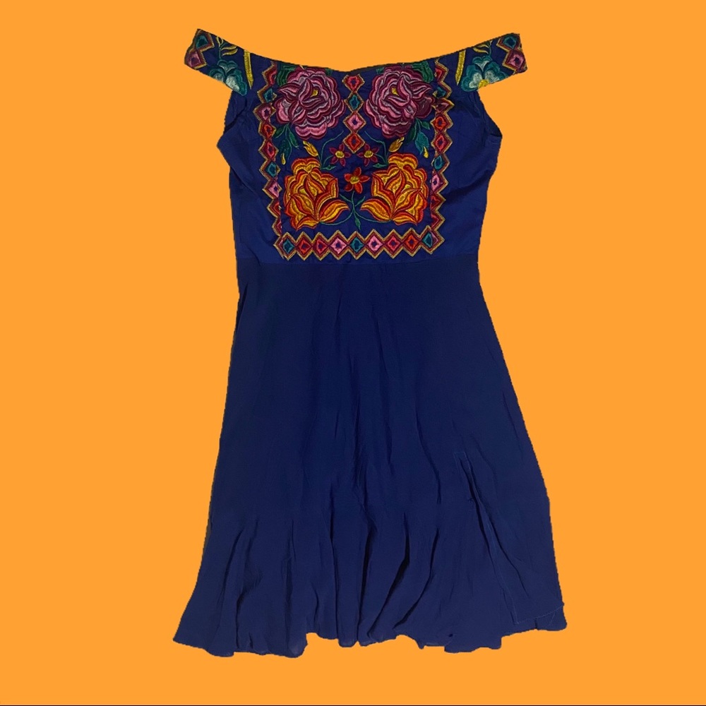 Mexican Style multicolor embroidered off the shoulder strap blue dress Handmade